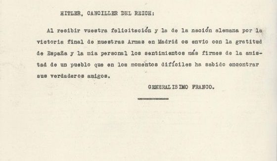 Telegrama de Franco a Hitler, en agradecimiento, nada más terminar la Guerra Civil (documento perteneciente a la Colección Castañé).